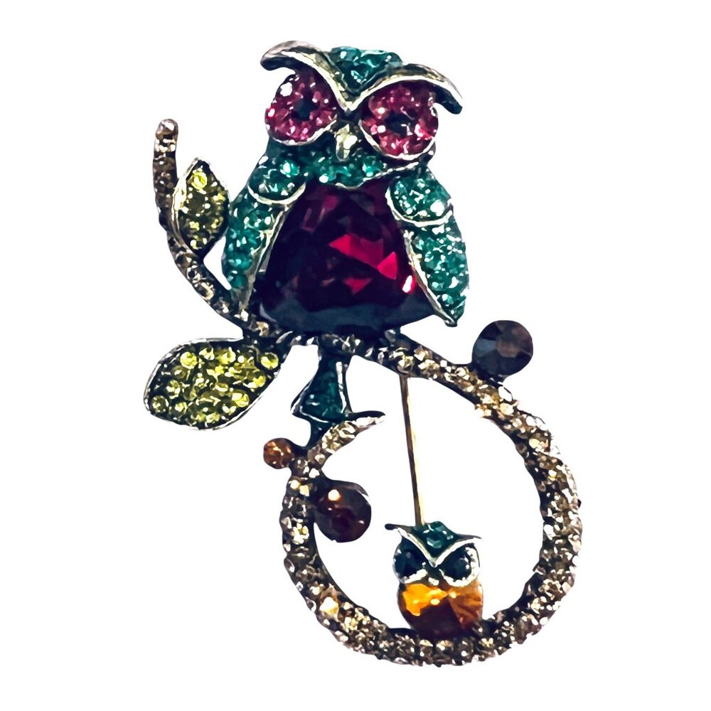 Vtg Owl Owlet Rhinestone Brooch Pin Green Pink Aqua Blue Faceted Crystals
